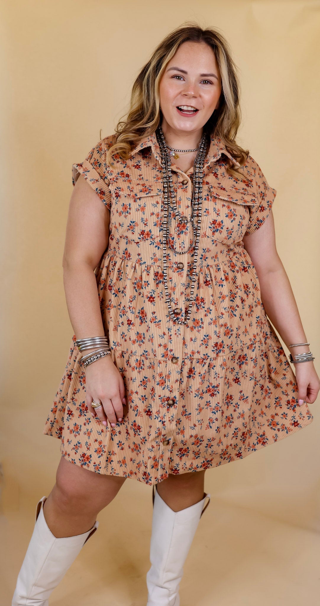 Latest Obsession Button Up Floral Corduroy Dress in Tan - Giddy Up Glamour Boutique