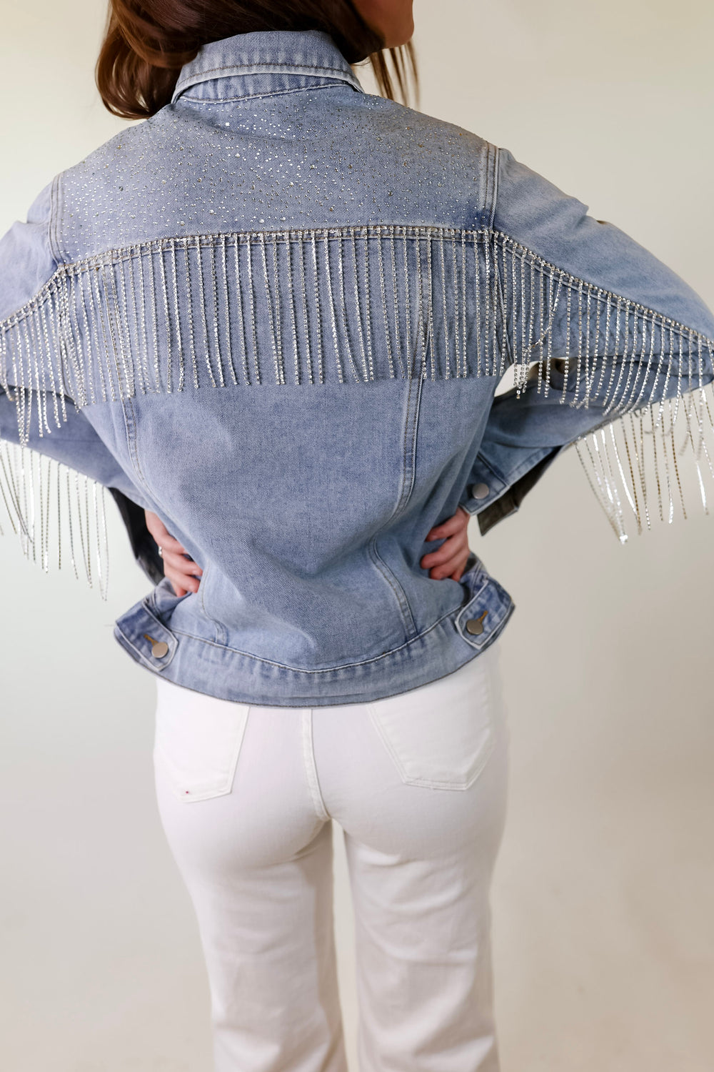 Like a Diamond Crystal Fringe Button Up Denim Jacket in Light Wash - Giddy Up Glamour Boutique