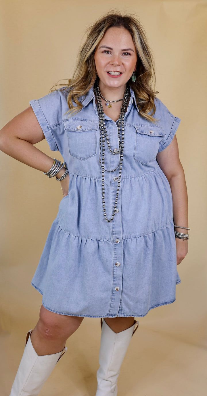 Latest Obsession Button Up Denim Tiered Dress in Light Wash - Giddy Up Glamour Boutique