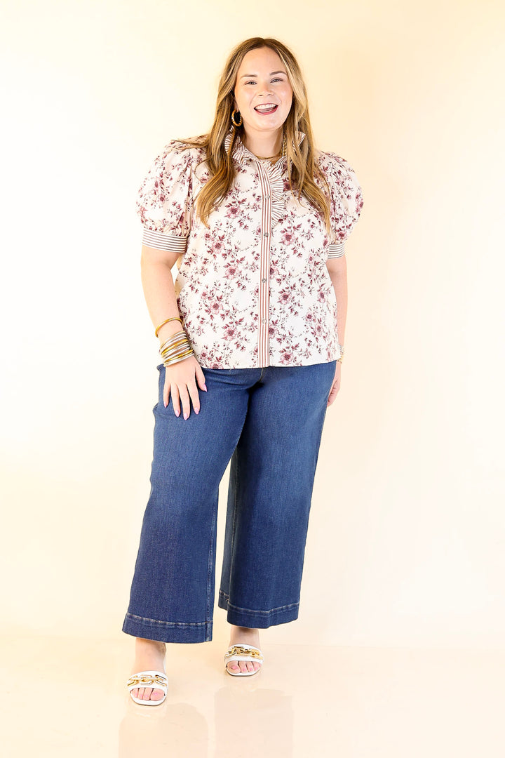 Timeless Beauty Button Up Puff Sleeve Top with Maroon Floral French Toile Print in Cream
