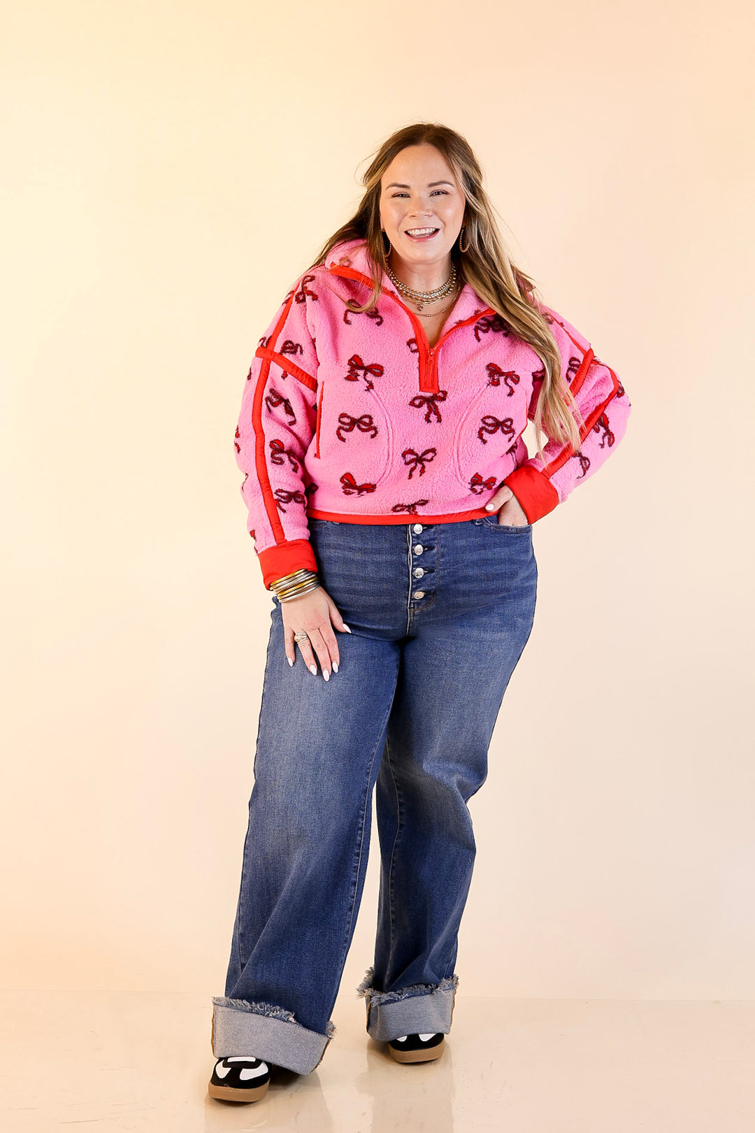 Simply Southern | Cozy Intentions Fleece Half Zip Pullover Jacket in Pink with Red Bows