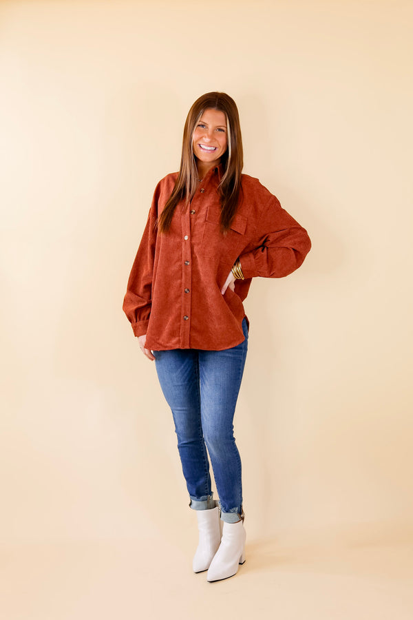 All Dolled Up Button Up Corduroy Shacket in Rust Brown