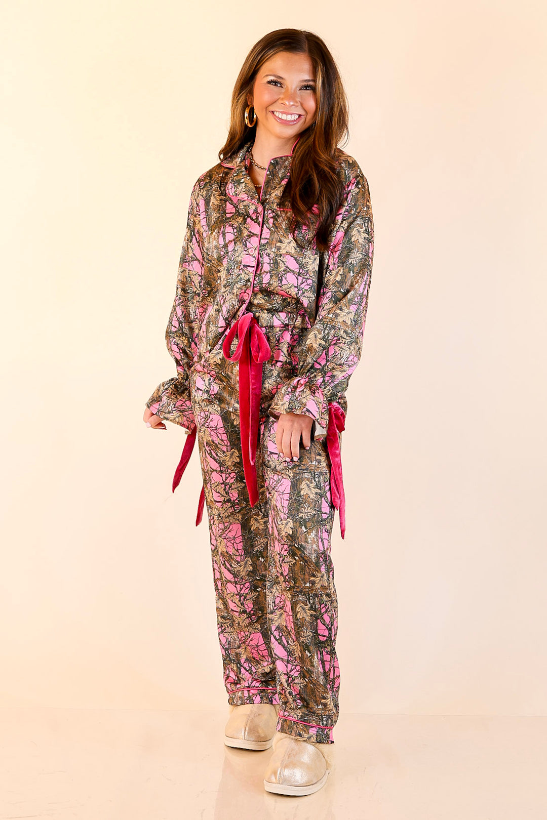 Simply Southern | Sweet Slumber Matching PJ Satin Set with Bow Detailing in Pink Camoflauge