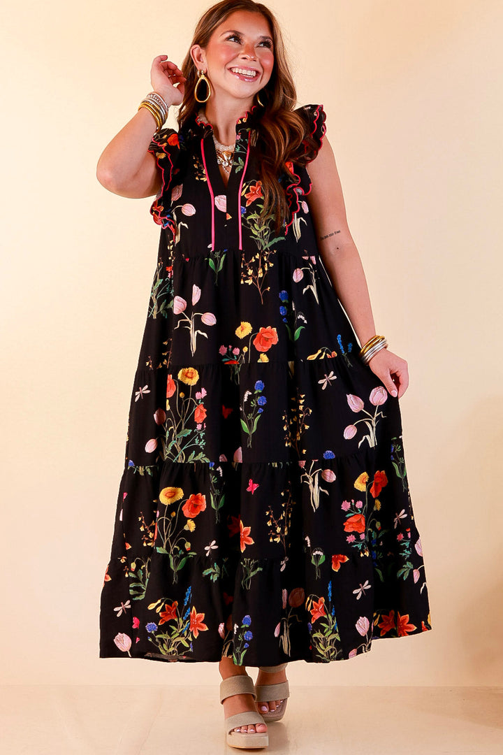 Flourishing Charm Floral Ruffle Cap Sleeve Tiered Midi Dress in Black