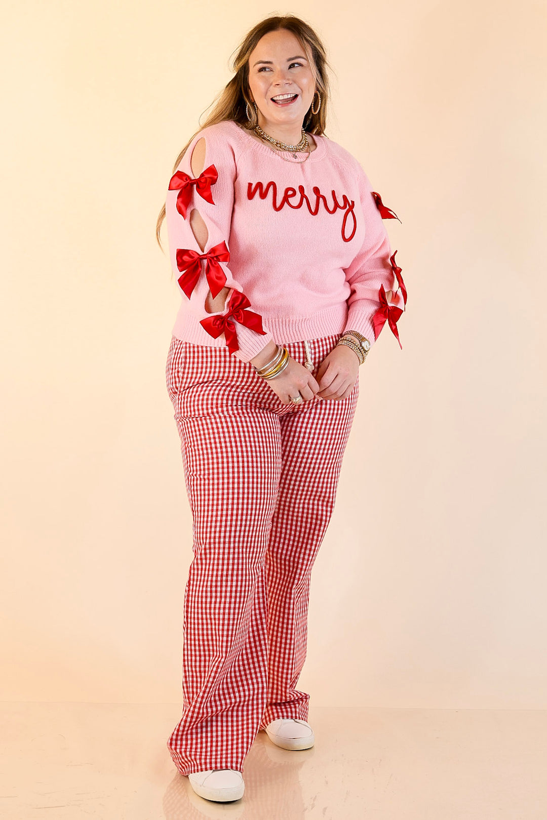 Simply Southern | Merry Moment Textured Knit Sweater with Red Bows in Pink