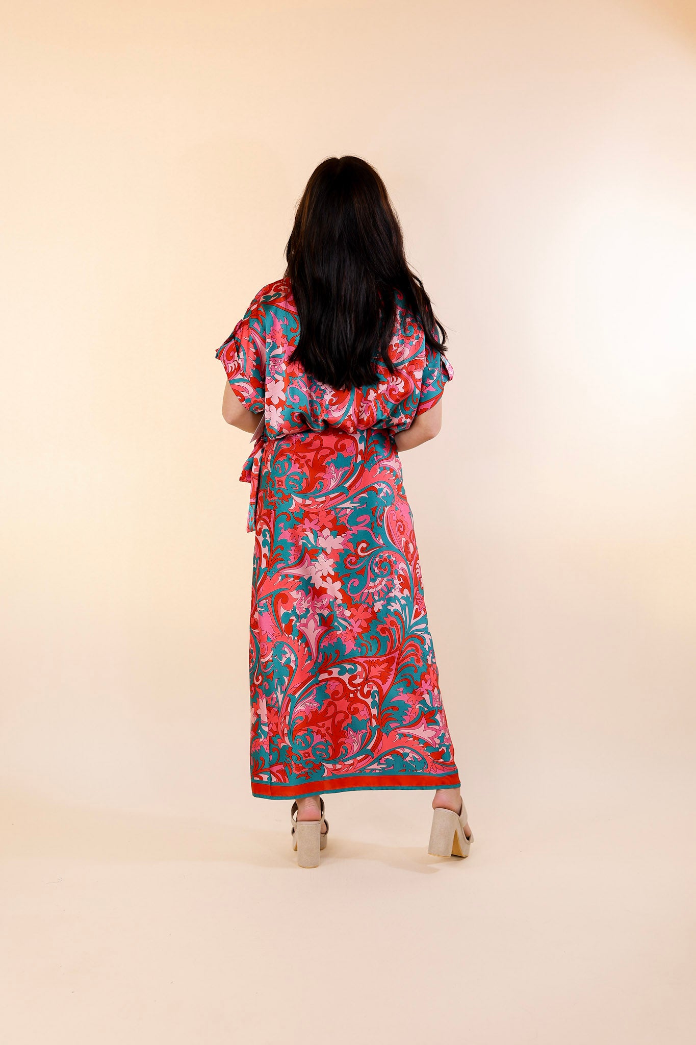 Room With A View Baroque Print Wrap Midi Dress in Pink and Teal