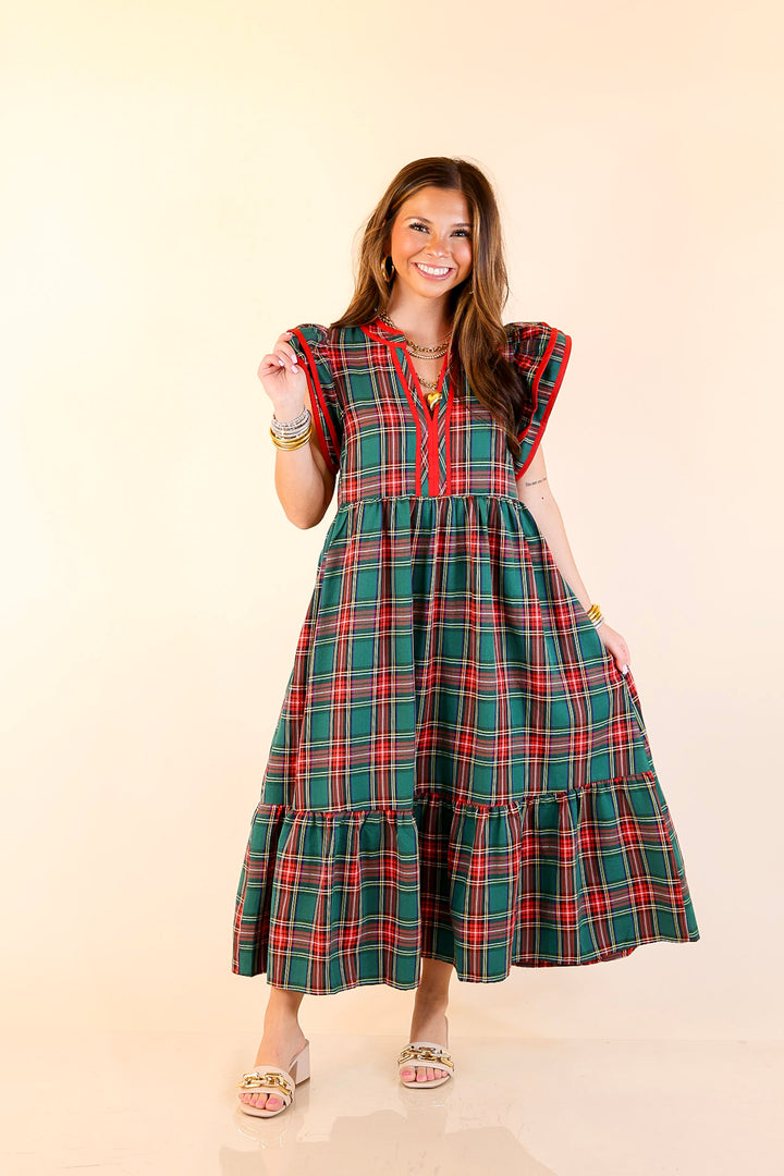 Magnolia Morning Plaid Ruffle Cap Sleeve Tiered Midi Dress in Green