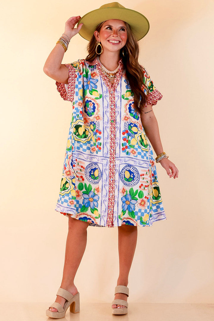 Tuscan Daydream Floral Border Print Button Front Mini Dress in Blue Multi