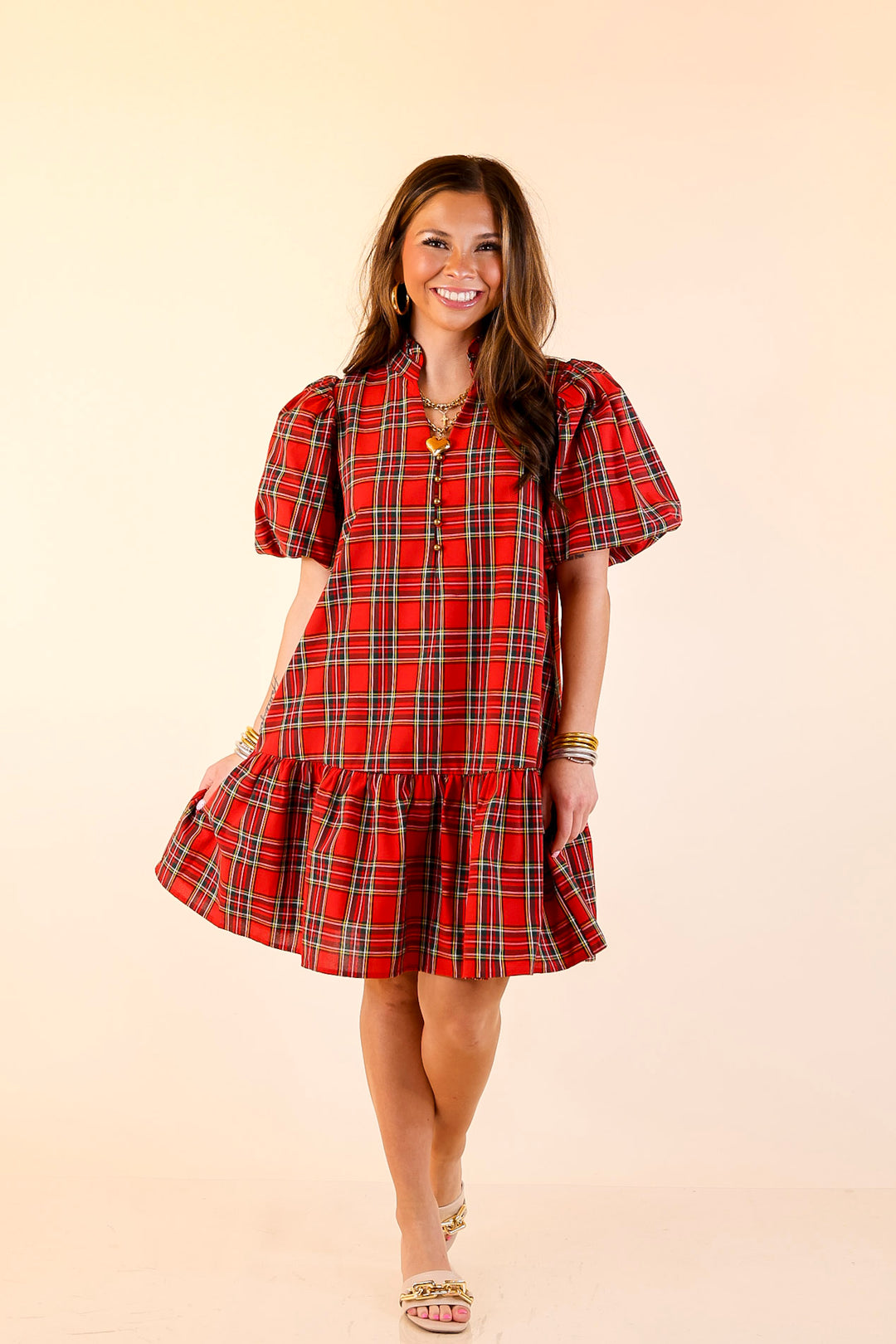 Polished in Plaid Peplum Skirt Dress with Pockets and Puff Sleeve in Red