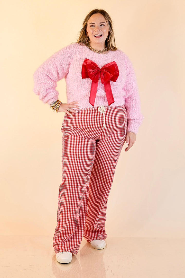 Simply Southern | Tied to Perfection Eyelash Textured Knit Sweater with Red Bow in Pink