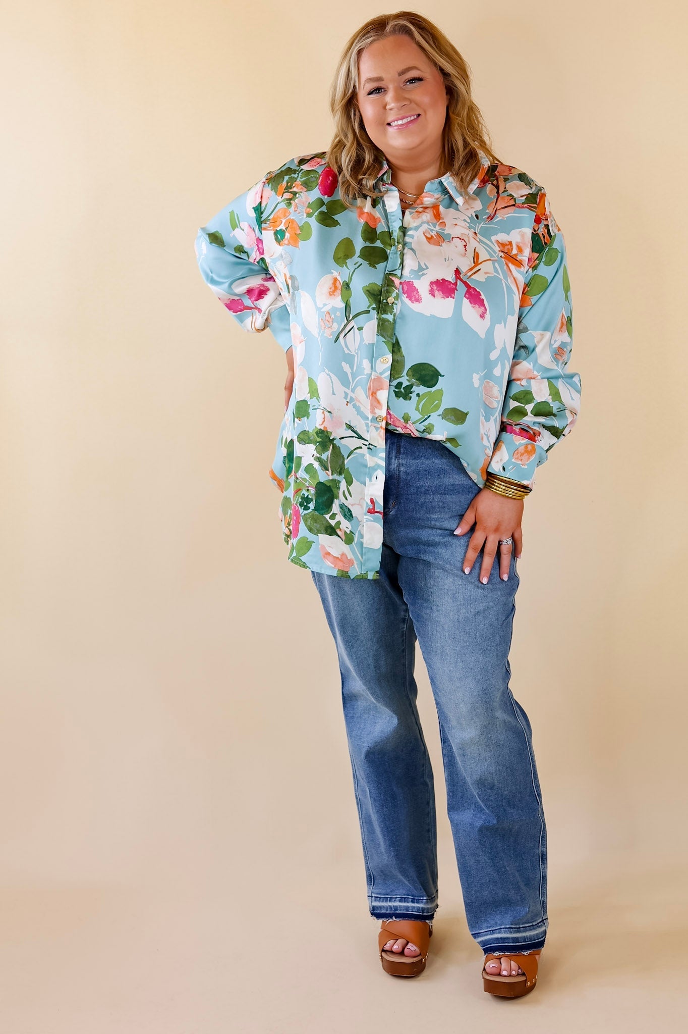 Tell Me Something Good Floral Long Sleeve Button Up Top in Light Blue - Giddy Up Glamour Boutique