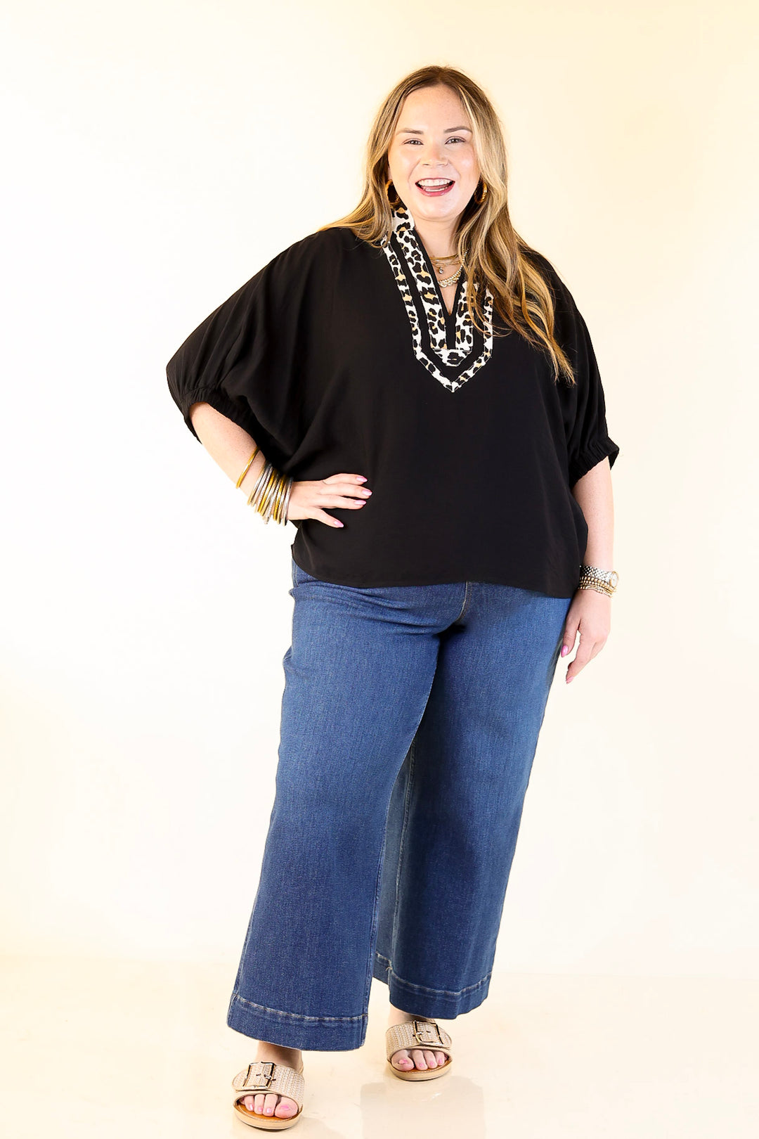 Naturally Stylish Leopard Print Trim Poncho Top in Black