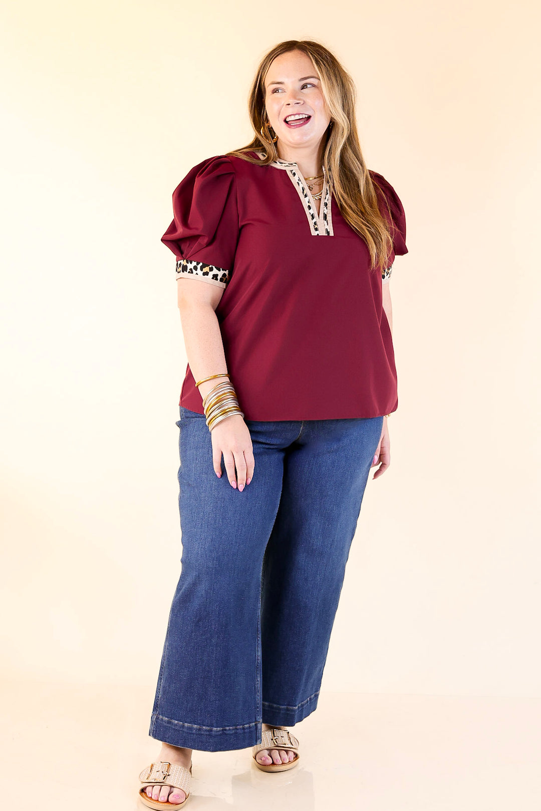 Standout Style V Neck Top with Short Balloon Sleeves and Leopard Print Trim in Maroon