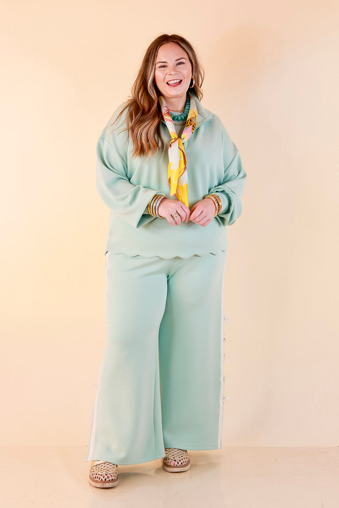 Simply Southern | Modern Staple Buttery Soft Pull-On Wide Leg Knit Pants with Side Bow Detail in Light Dusty Teal Blue