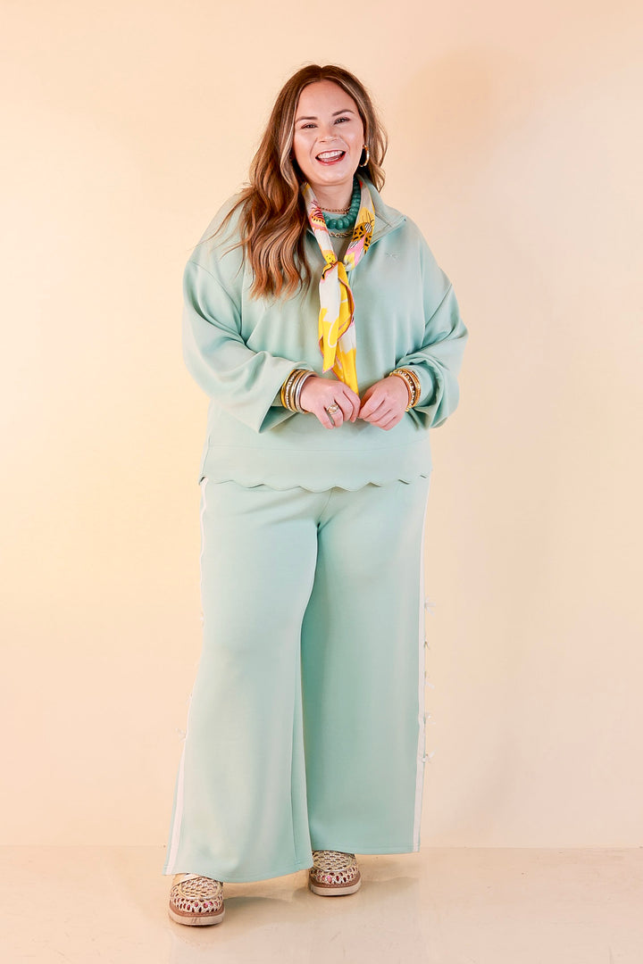 Simply Southern | Modern Staple Buttery Soft Pull-On Wide Leg Knit Pants with Side Bow Detail in Light Dusty Teal Blue