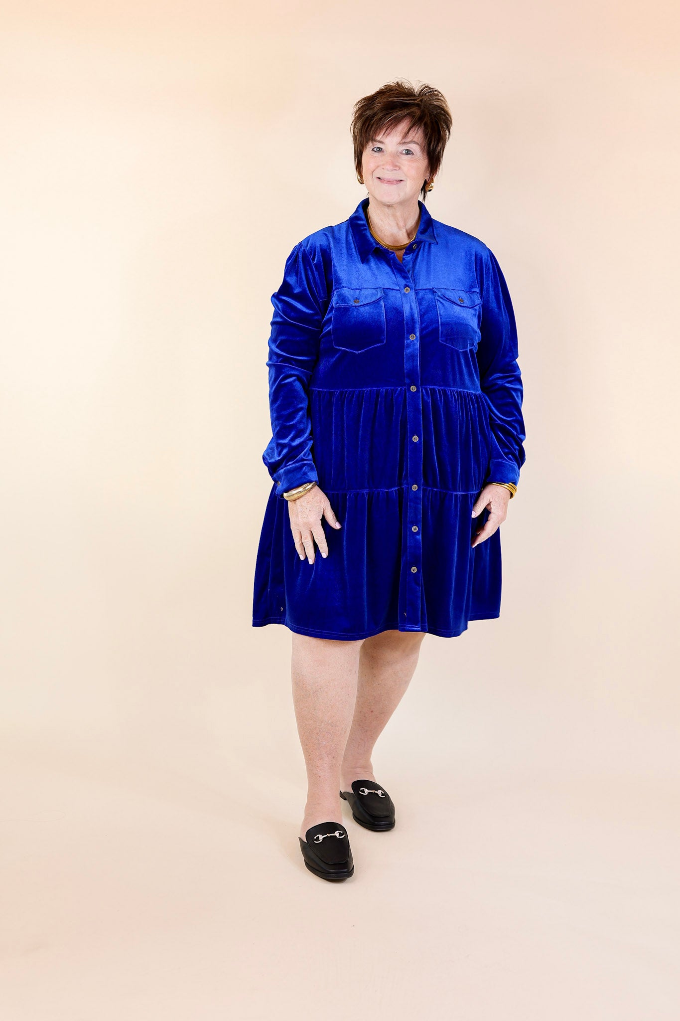 Grateful Gathering Velvet Button Up Dress with Long Sleeves in Royal Blue