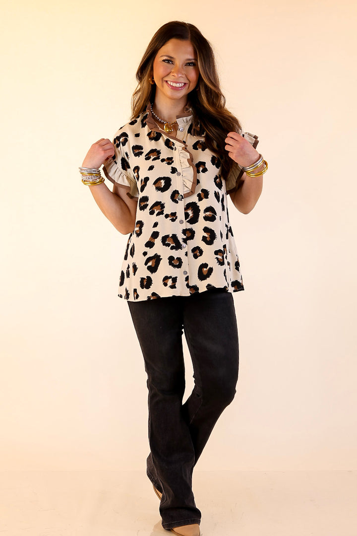Natural Charm Leopard Print Button Up Ruffle Sleeve Top in Taupe