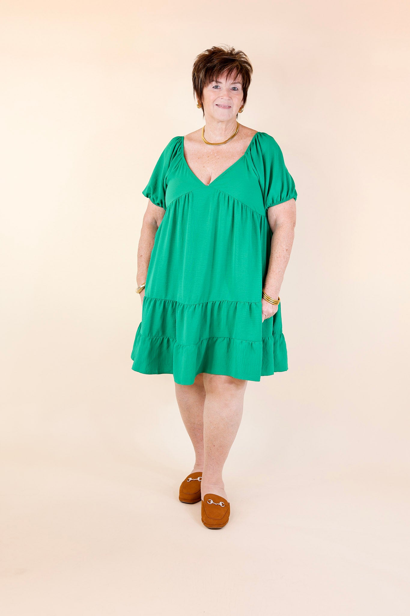 Graceful Journey Short Balloon Sleeve Dress in Green