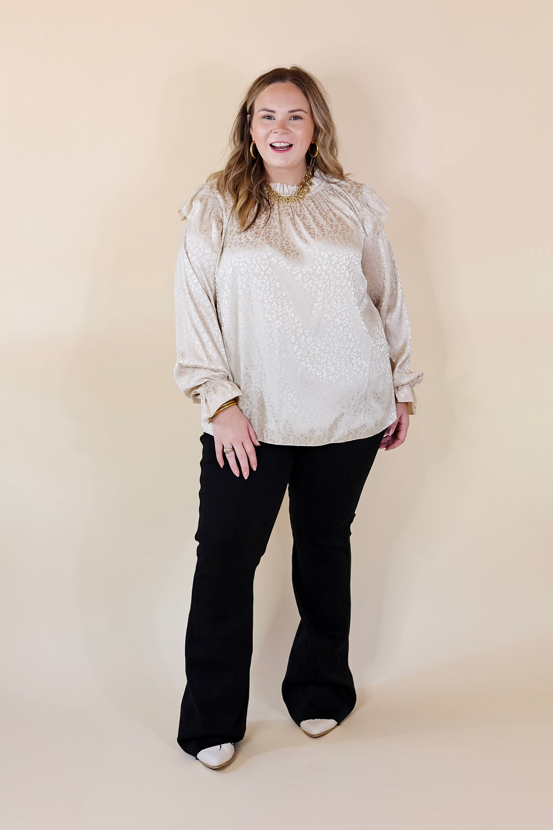 Can't Stop Me Ruffle Mock Neck Long Sleeve Leopard Print Satin Top in Ivory - Giddy Up Glamour Boutique