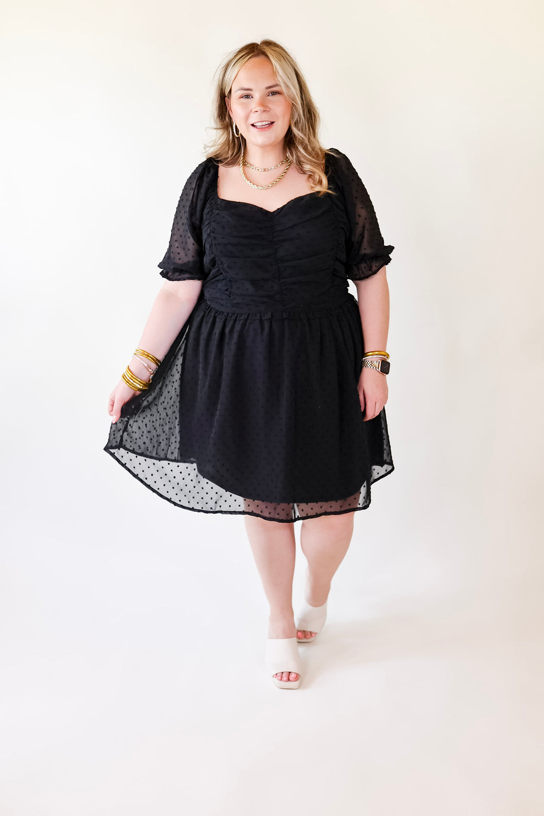 Favorite Adventure Swiss Dot Dress with Short Balloon Sleeves in Black - Giddy Up Glamour Boutique