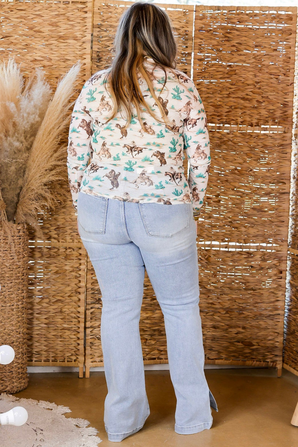 Sheer Confidence Cowboy and Cactus Print Mesh Long Sleeve Top in Off White