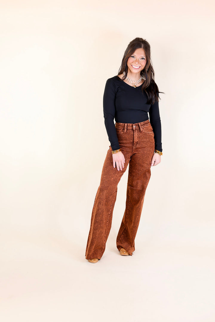 Judy Blue | Harvest Hues Garment Dyed Wide Leg Jean with Raw Hem in Pumpkin Spice Brown