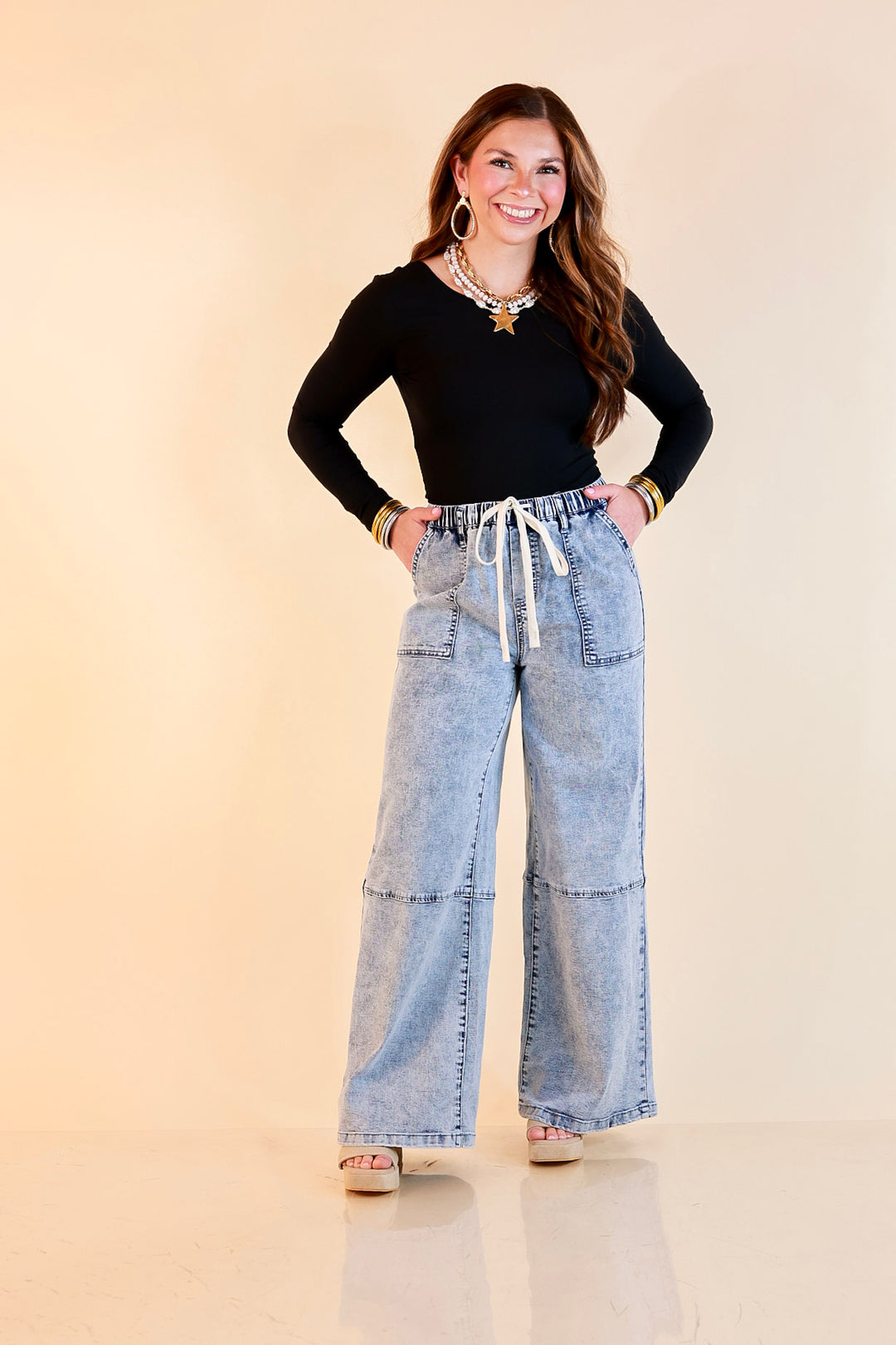 Simply Southern | Right This Way Wide Leg Drawstring Denim Utility Jeans in Acid Wash