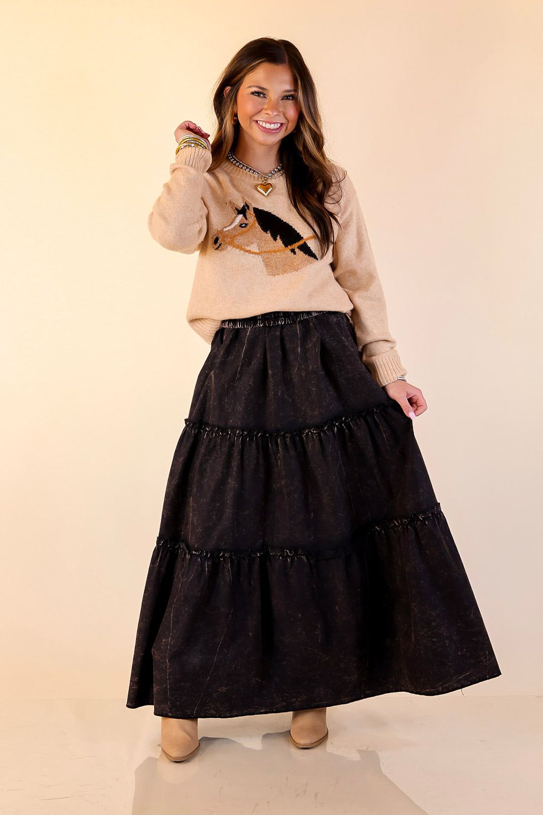 Boho Bliss Acid Wash Tiered Ruffle Maxi Skirt in Ash Black
