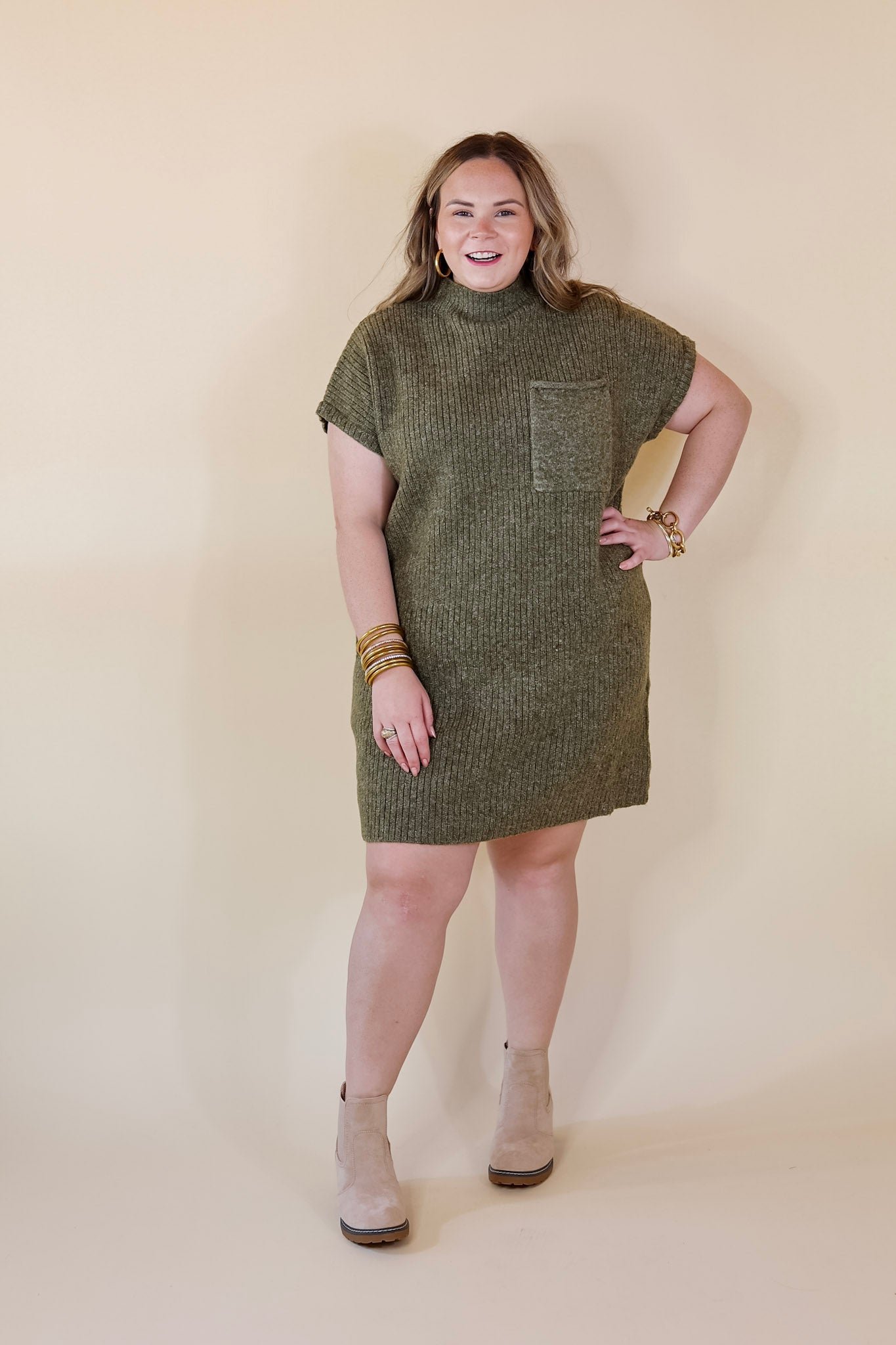 City Sights Cap Sleeve Sweater Dress in Olive Green - Giddy Up Glamour Boutique