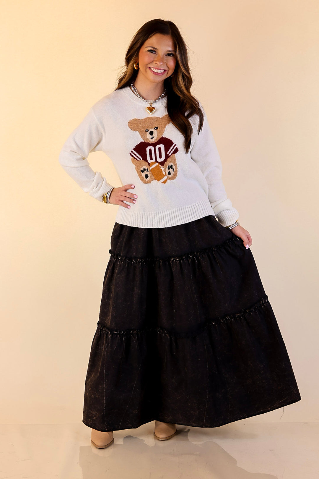 Simply Southern | Finest Touch Crewneck Sweater with Football Teddy Bear Graphic in Cream