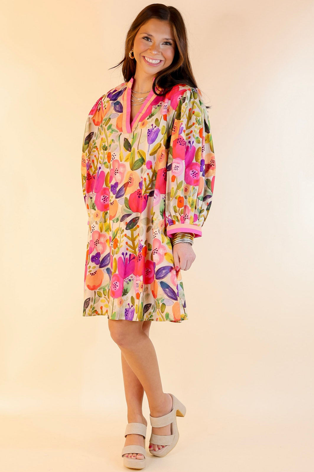 Pocketful of Petals V Neck Floral Print Dress with 3/4 Sleeves