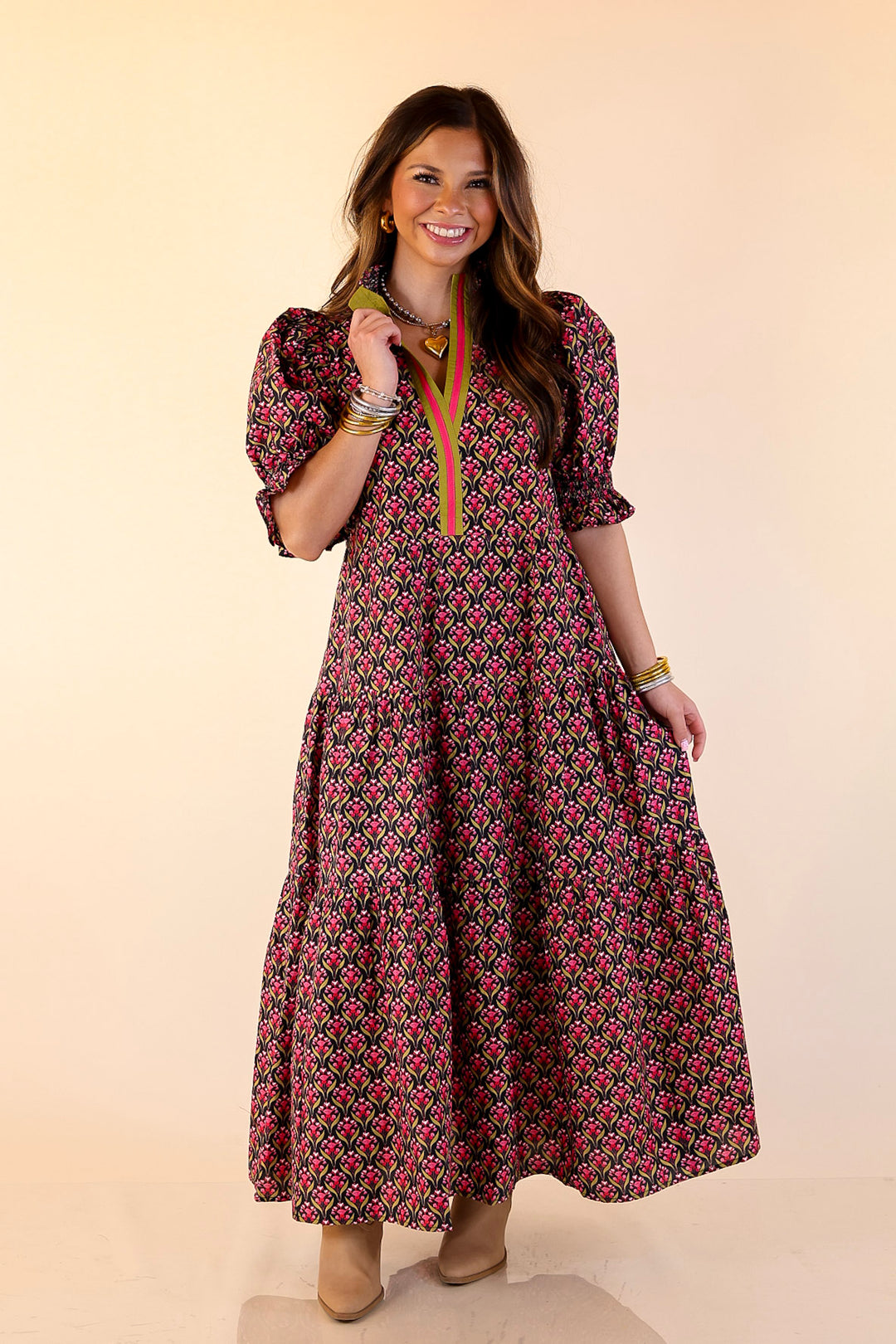 Vibrant Vision Floral Print Maxi Dress with Puff Sleeves and Contrast Trim in Black