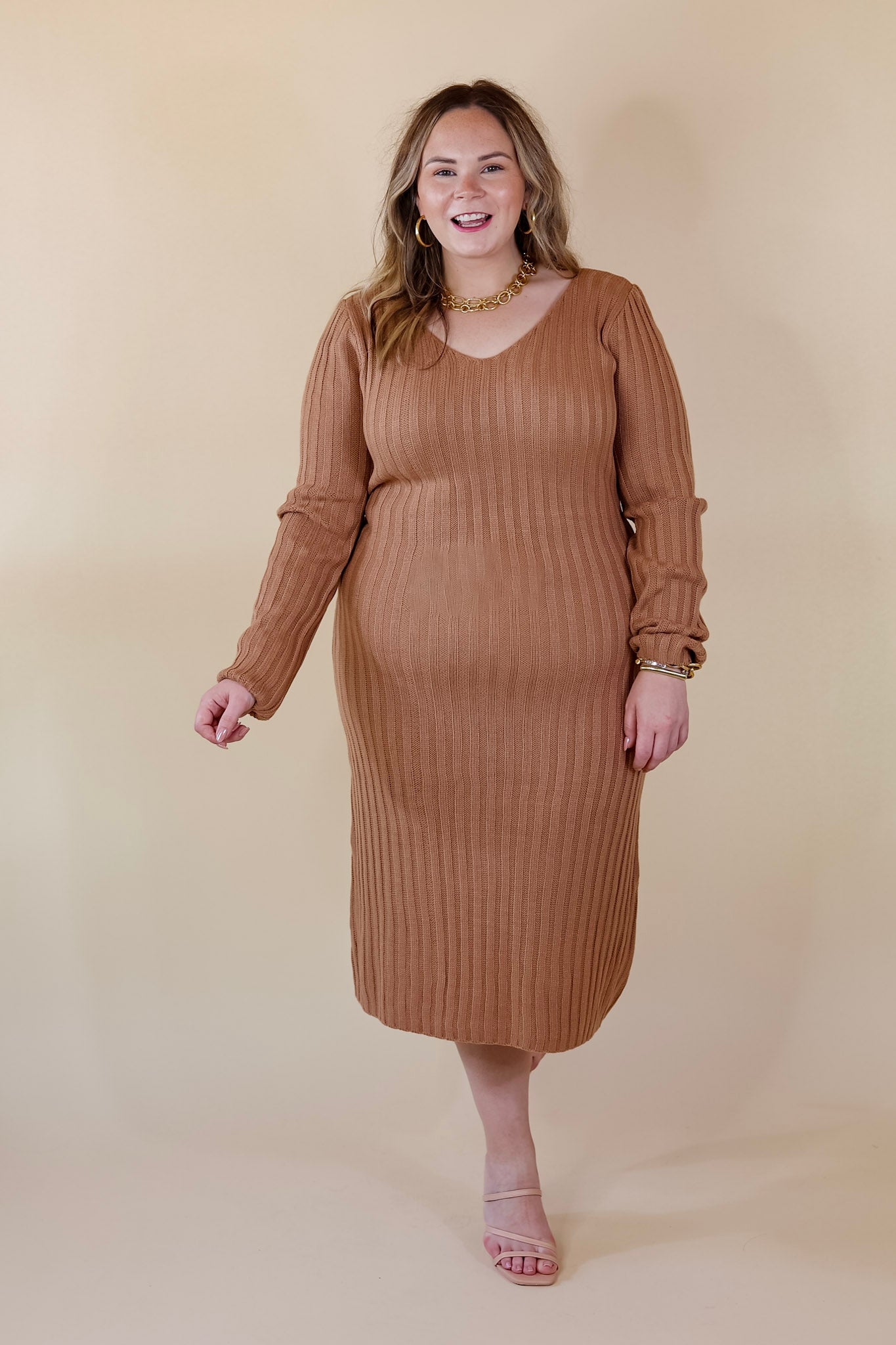 Pumpkin Spice Weather V Neck Midi Sweater Dress in Clay Nude - Giddy Up Glamour Boutique