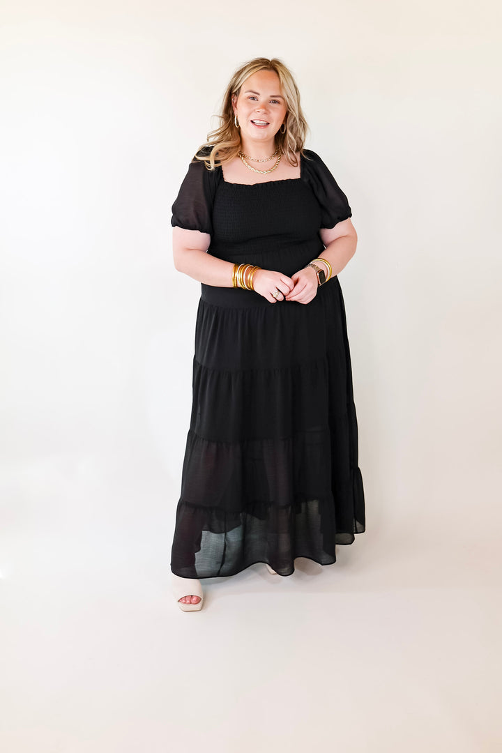 Honeysuckle Love Tiered Maxi Dress with Smocked Bodice in Black - Giddy Up Glamour Boutique