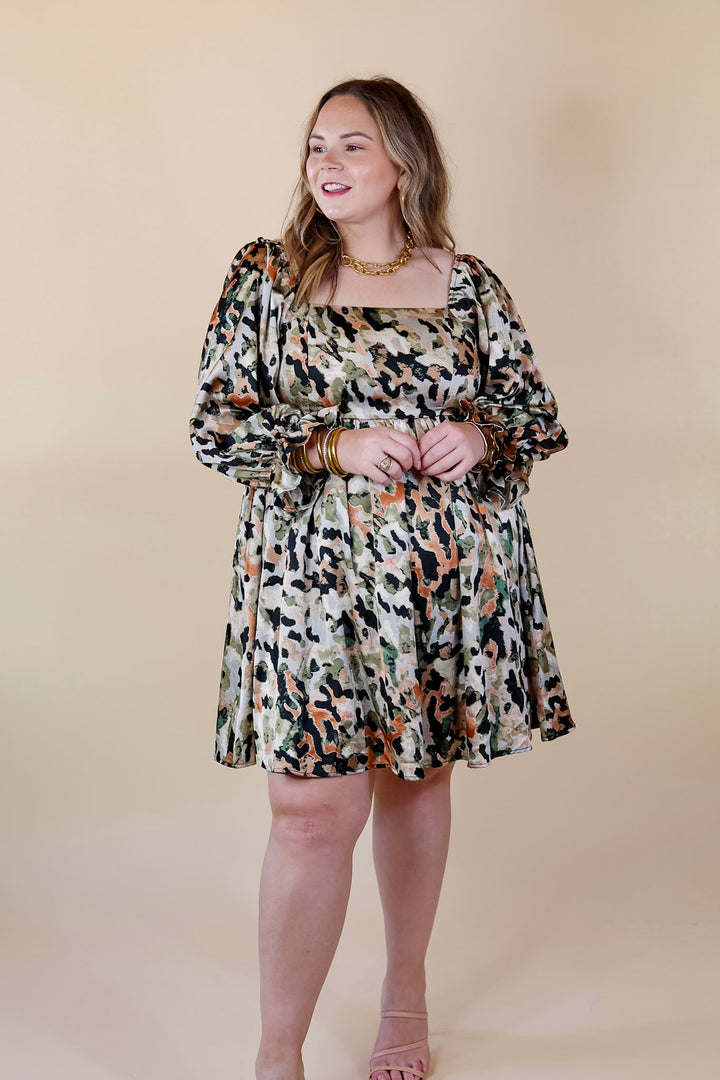 Feeling Fine Satin Watercolor Print Dress with 3/4 Sleeves in Olive Mix - Giddy Up Glamour Boutique