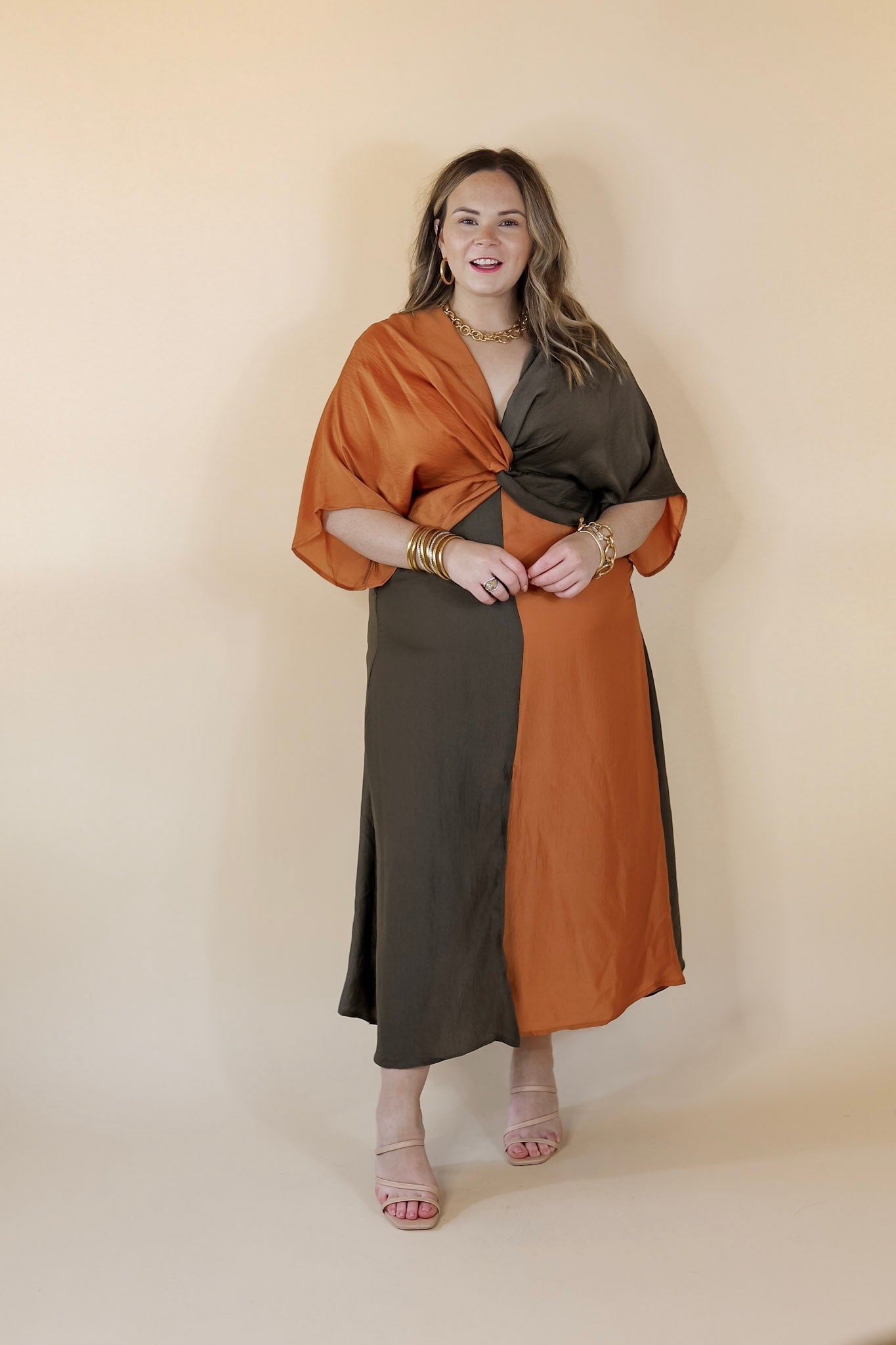 Take My Breath Away Front Knot Color Block Midi Dress in Bronze Mix