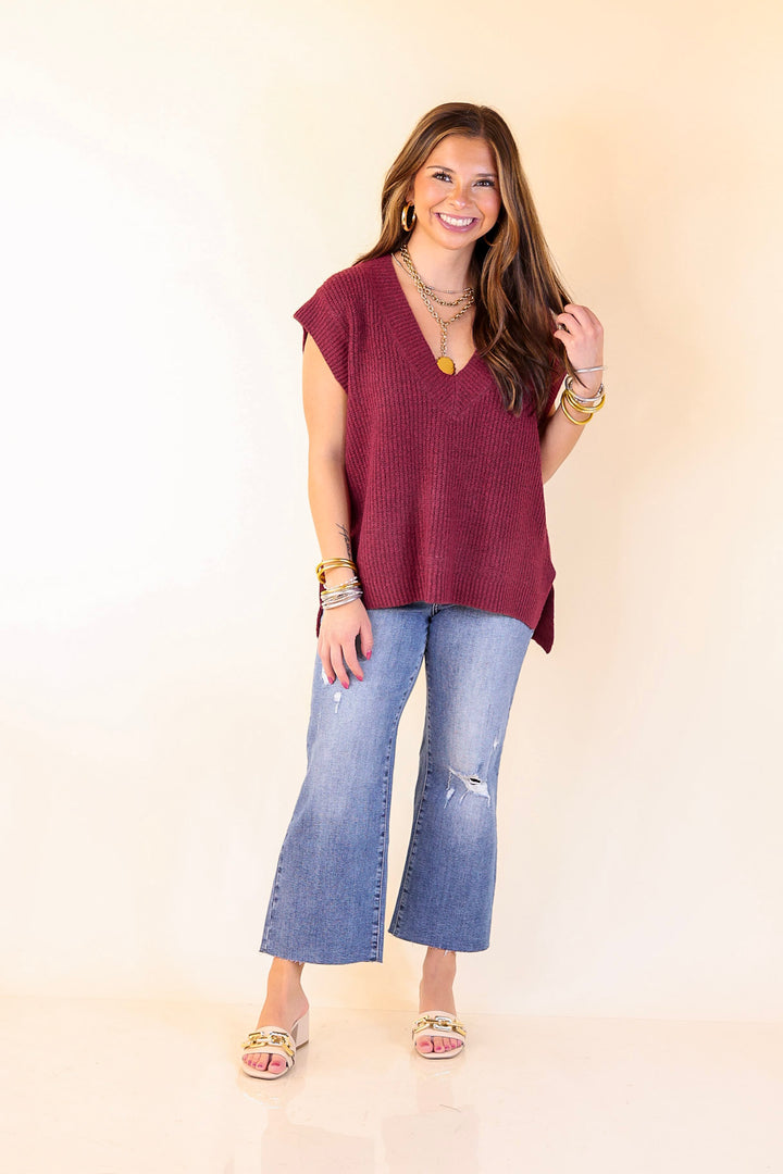 Fall For You Textured V-Neck Oversized Knit Sweater Vest Top in Maroon