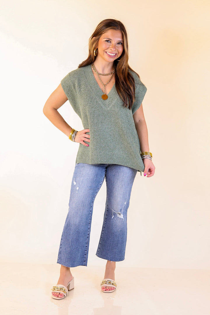 Fall For You Textured V-Neck Oversized Knit Sweater Vest Top in Olive Green