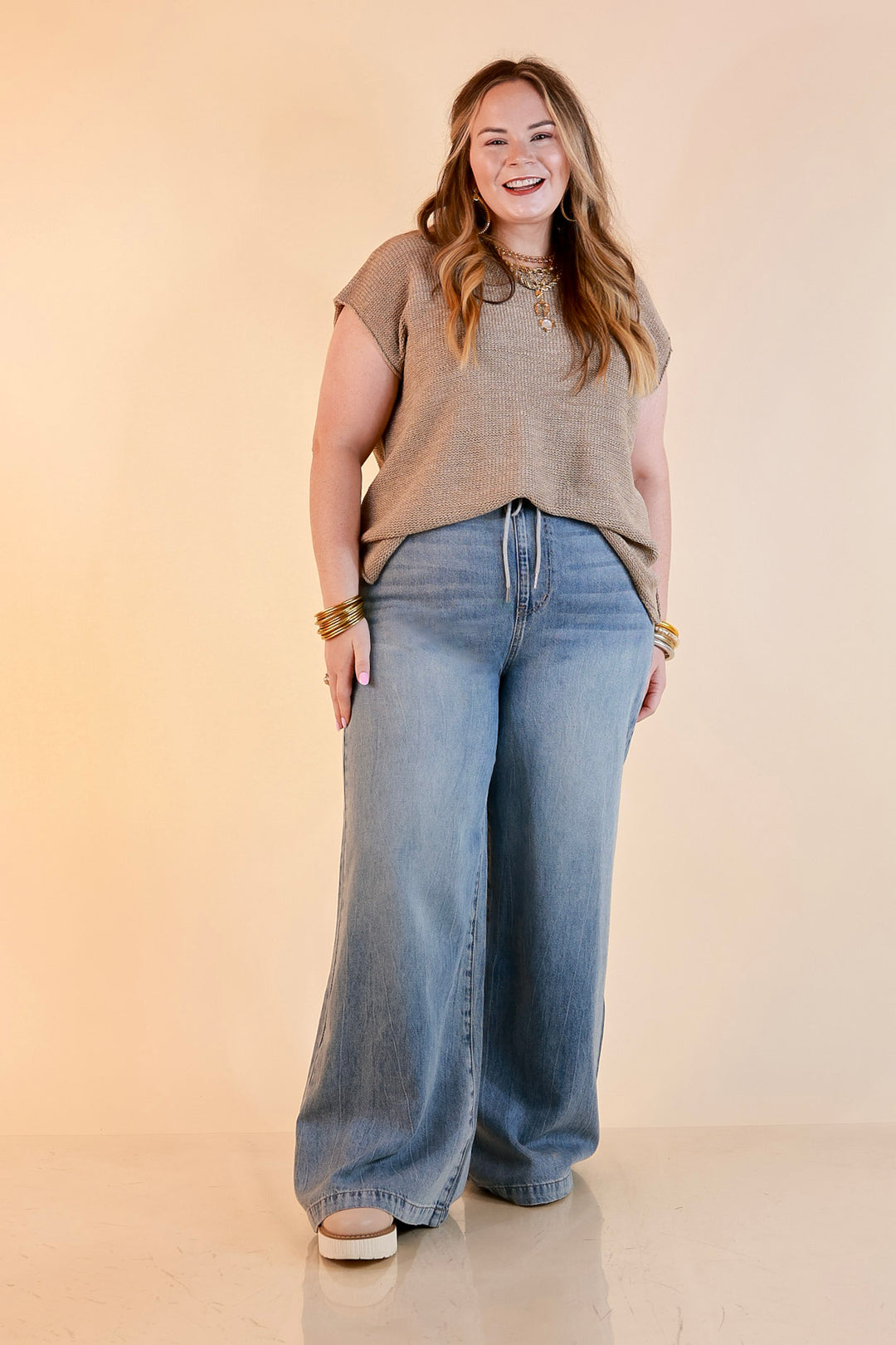 Judy Blue | Easy Does It Wide Leg Palazzo Featherweight Elastic Waistband Jeans in Medium Wash
