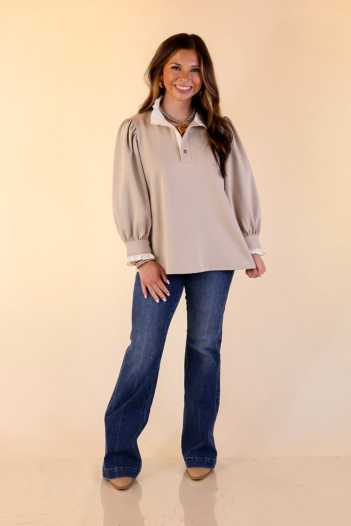 Refined Edge Puff 3/4 Sleeve Top with Collar Detailing in Sand