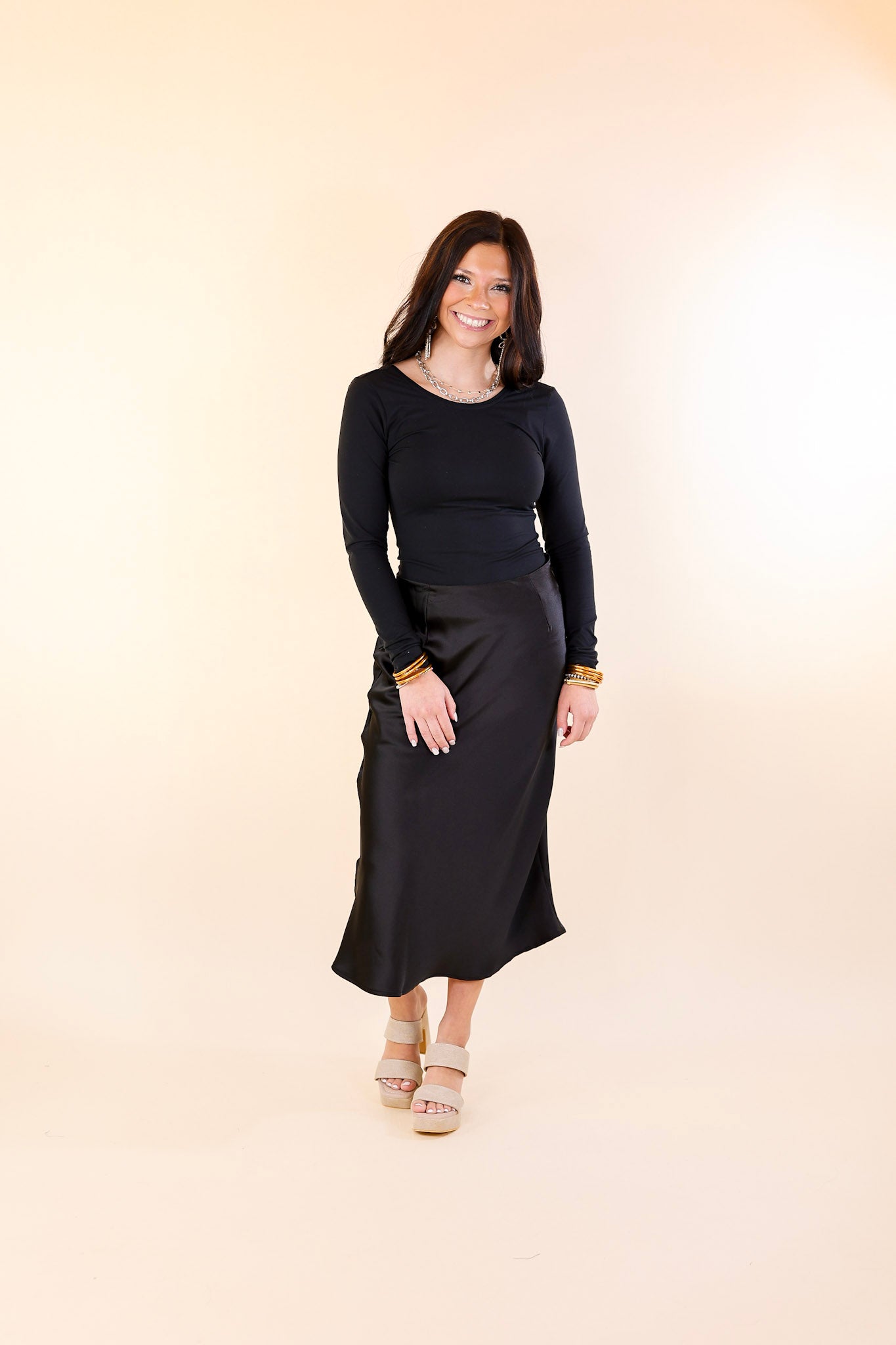 Bubbly And Blissful Satin Midi Skirt in Black