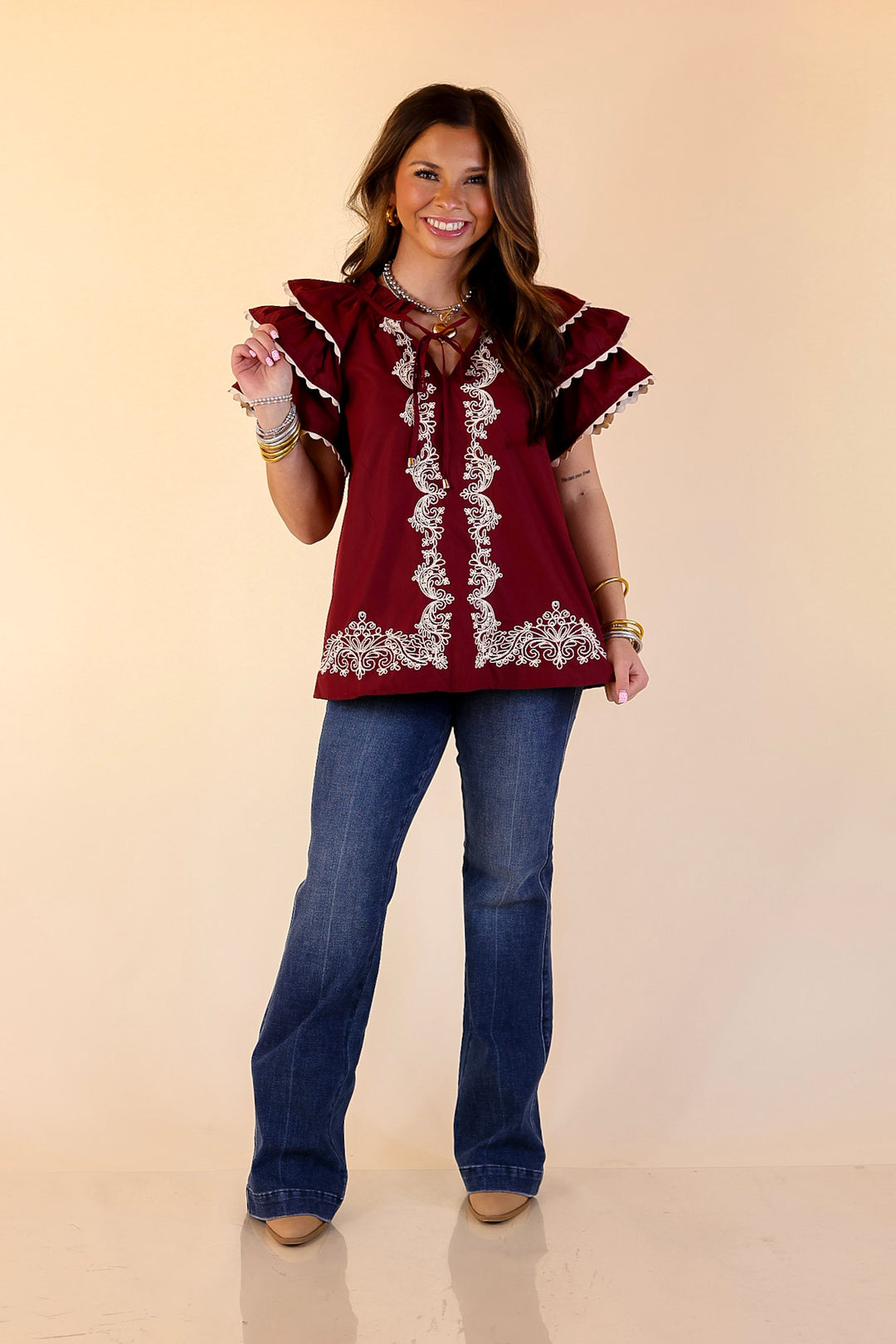 Graceful Details Embroidered Short Sleeve Top with Layered Flutter Sleeves in Maroon