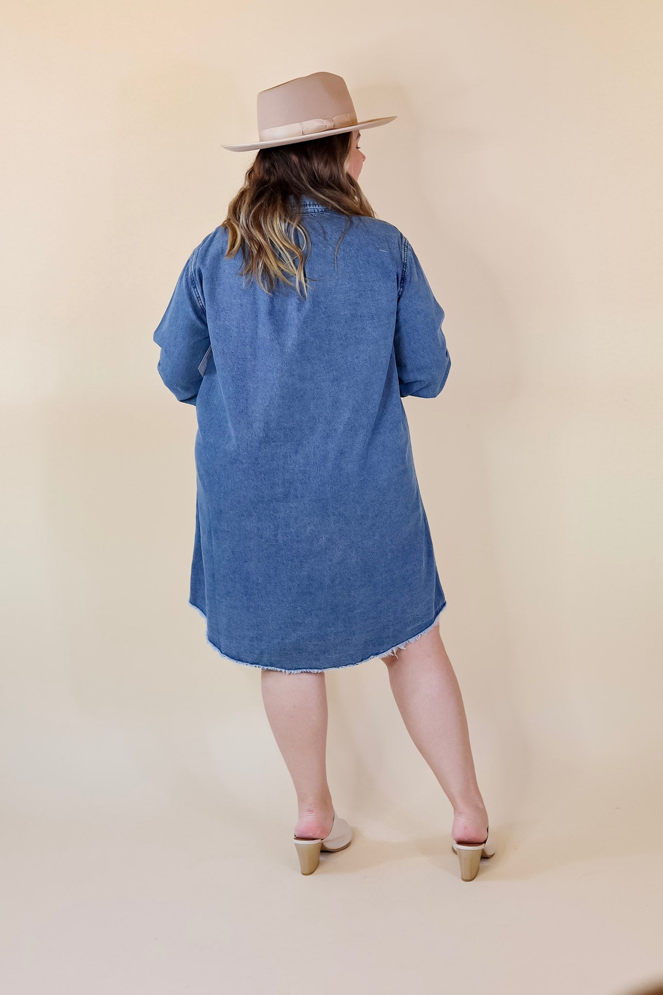 Patio Date Button Up Long Sleeve Denim Dress in Medium Wash - Giddy Up Glamour Boutique