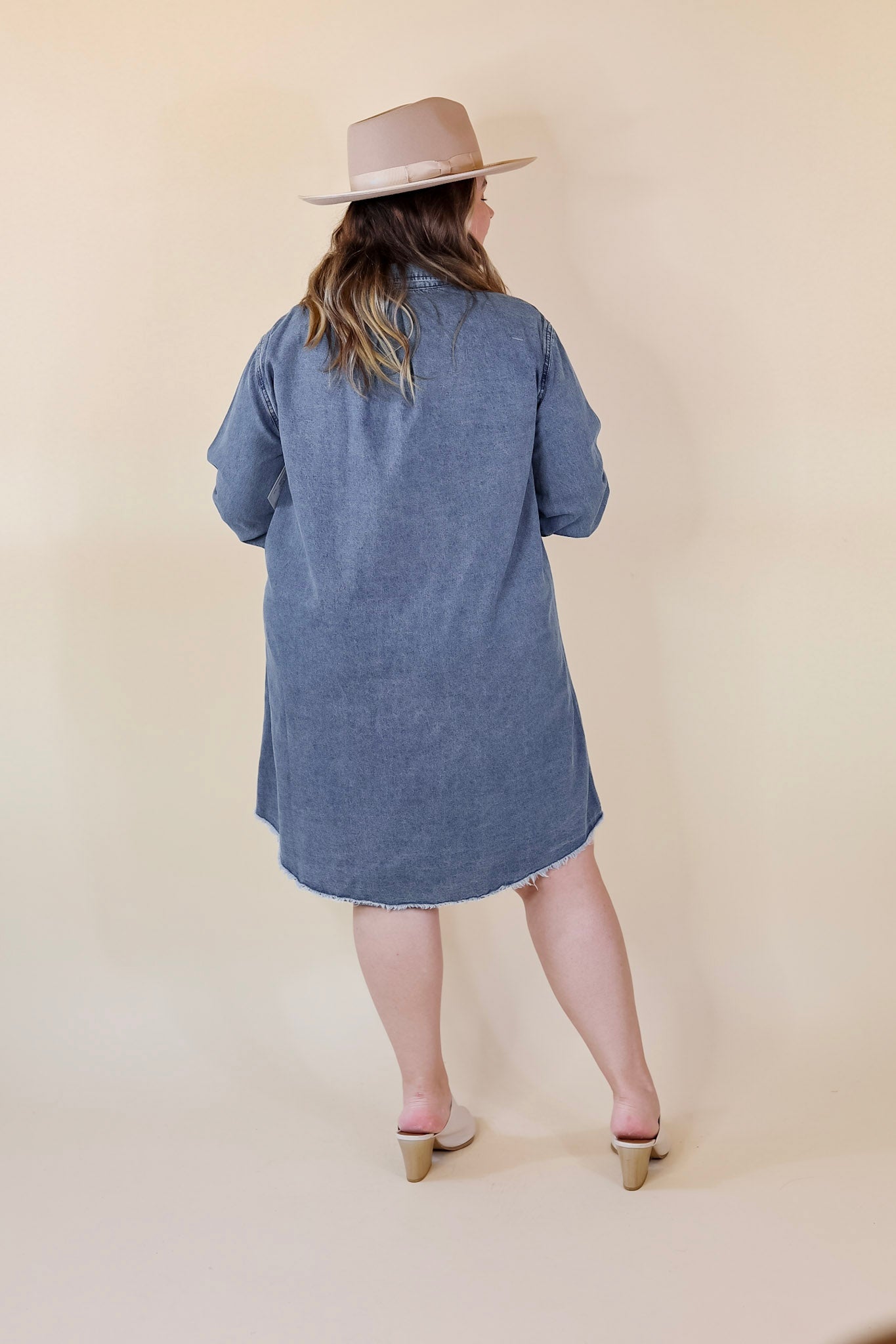 Patio Date Button Up Long Sleeve Denim Dress in Medium Wash