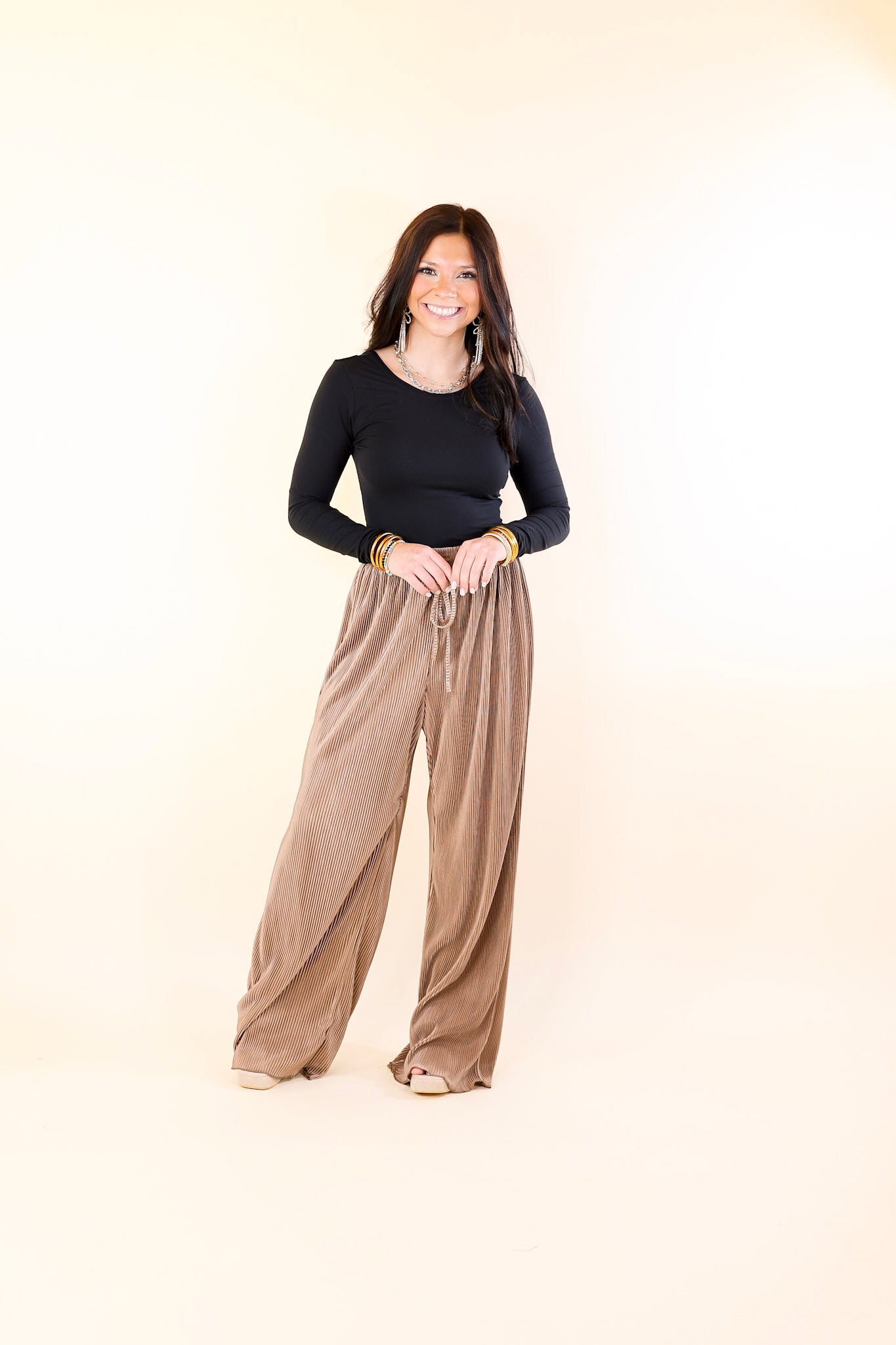 What You Admire Plissé Drawstring Pants in Mocha Brown