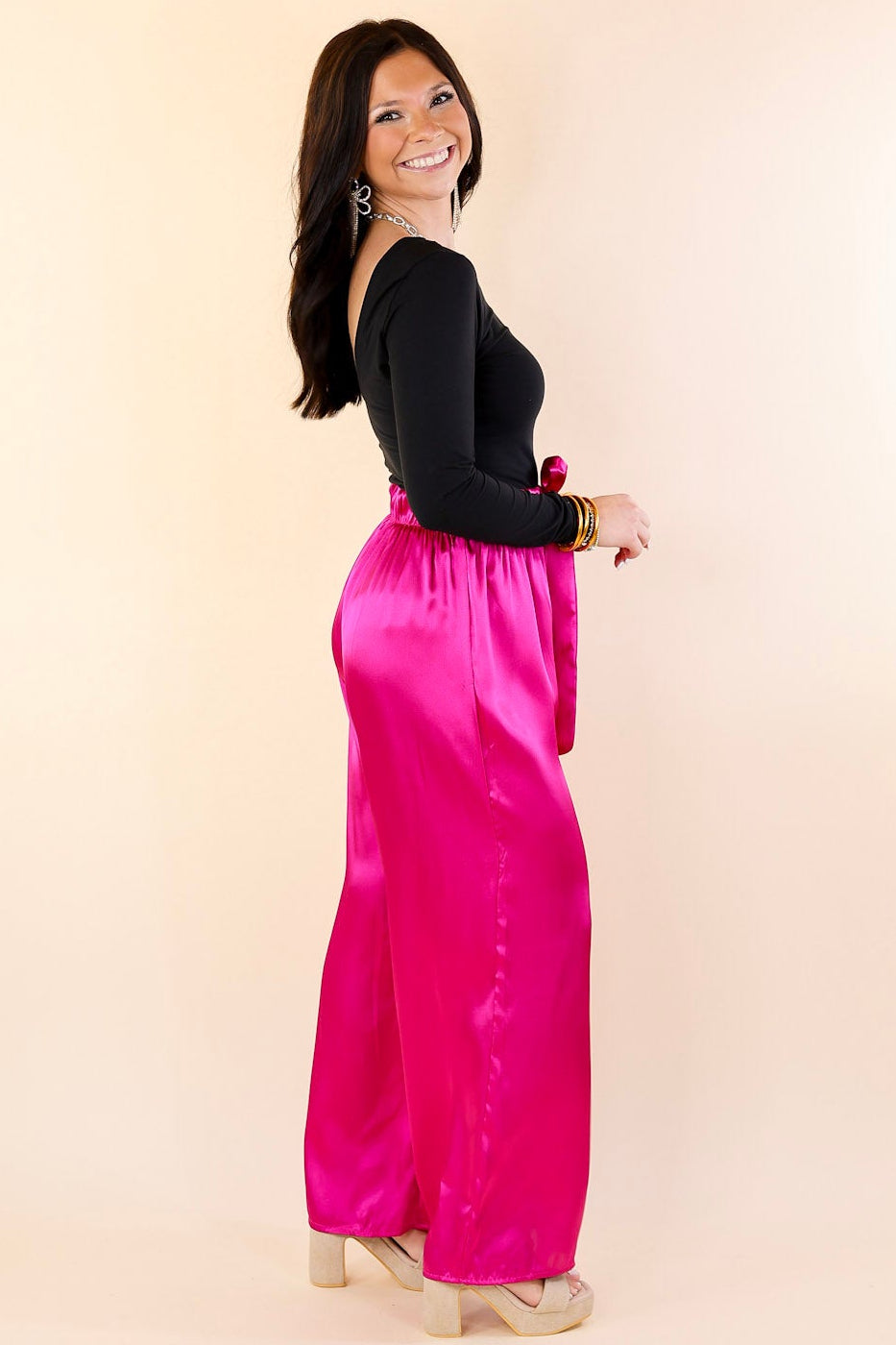 Dare To Dazzle Wide Leg Satin Pants with Waist Tie in Fuchsia Pink