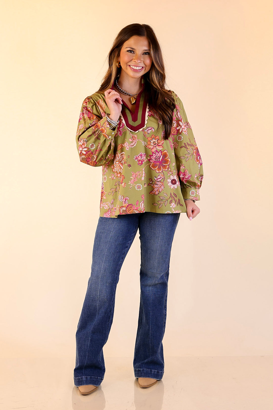 Autumn Allure Floral Long Sleeve Top with Contrast Trim in Olive Green