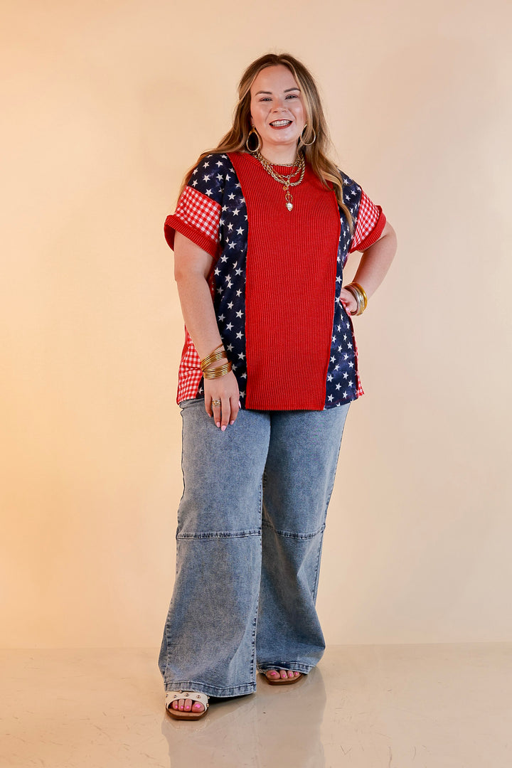 Make Your Mark Ribbed Scoop Neck Mixed Print Short Sleeve Top with Star and Gingham Detailing in Red