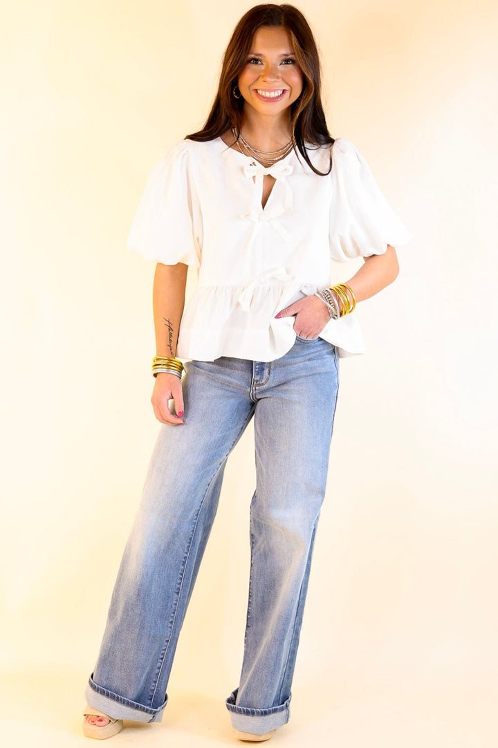 Simply Stunning Short Puff Sleeve Top with Bow Tie Detailing in Off White