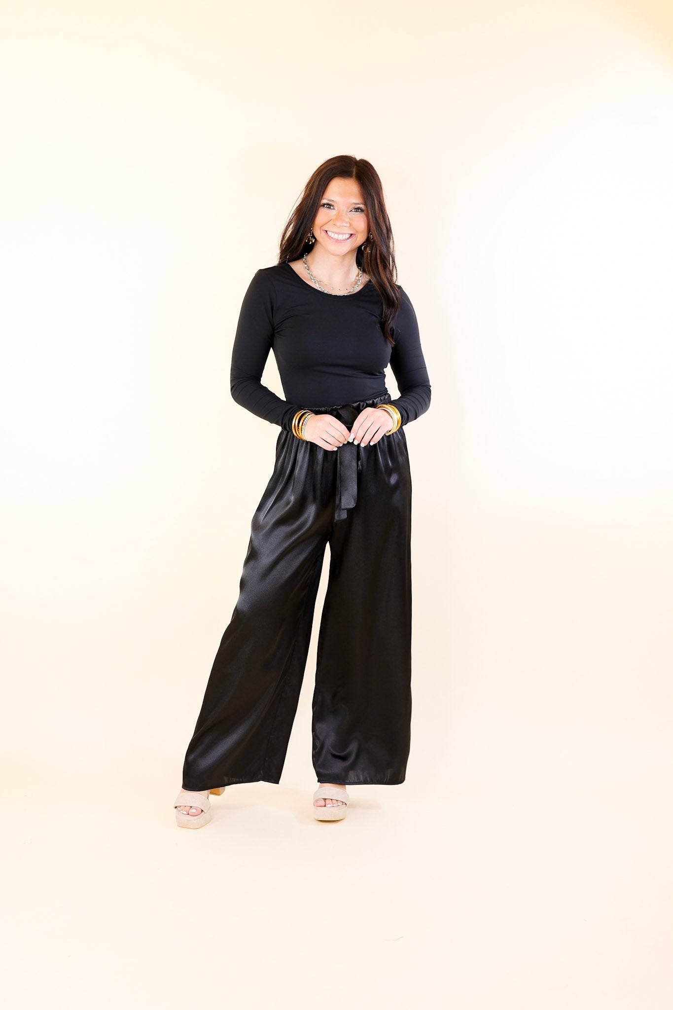 Dare To Dazzle Wide Leg Satin Pants with Waist Tie in Black